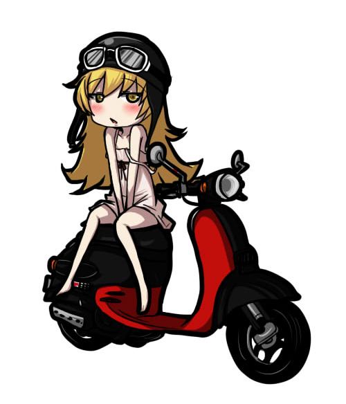 1girl, bakemonogatari, bare_legs, bare_shoulders, barefoot, blonde_hair, blush_stickers, chestnut_mouth