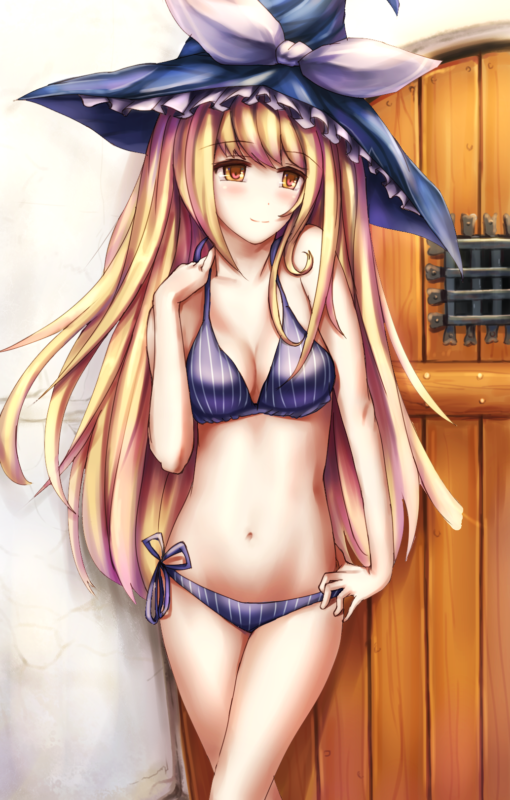 1girl, bikini, blonde_hair, blush, bow, breasts, cleavage, cowboy_shot
