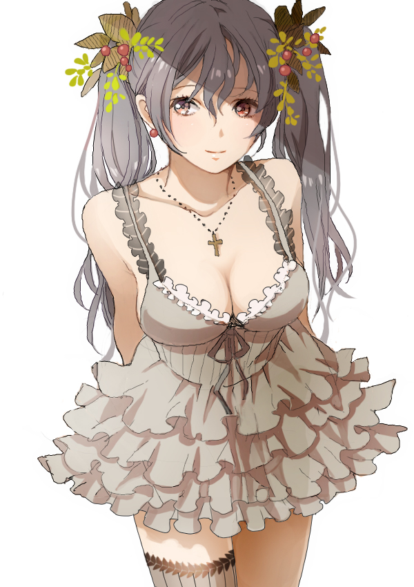 1girl, breasts, cleavage, cross, cross_necklace, dress, earrings, female_focus, frills, grey_dress, grey_hair, grey_thighhighs, hair_ornament, hishi_(k-xaby), jewelry, long_hair, looking_away, necklace, original, red_eyes, ribbon, single_thighhigh, sleeveless, sleeveless_dress, solo, striped_clothes, striped_thighhighs, thighhighs, twintails