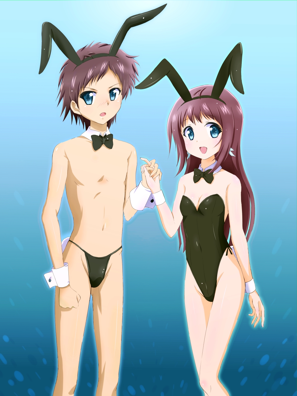 10s, 1boy, 1girl, alternate_color, animal_ears, bikini_briefs, black_bikini_briefs, black_male_swimwear