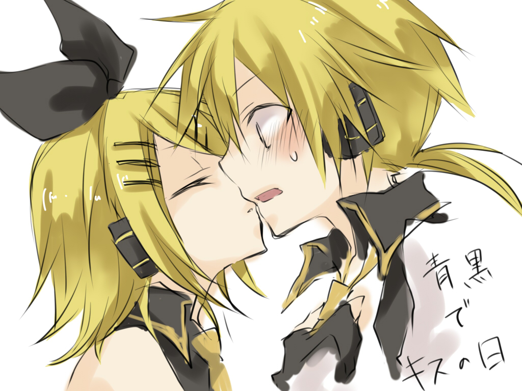 1boy, 1girl, kagamine_rin_(black_star), blonde_hair, kagamine_len_(blue_moon), brother_and_sister, closed_eyes, hetero, incest, kagamine_len, kagamine_rin, kiss, kodoku_no_hate_(vocaloid), kuroi_(liar-player), short_hair, siblings, twins, vocaloid