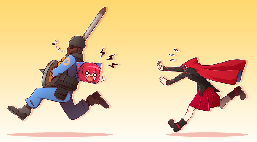 >:o, 1boy, 1girl, :o, blu_demoman_(tf2), boots, bow, cape