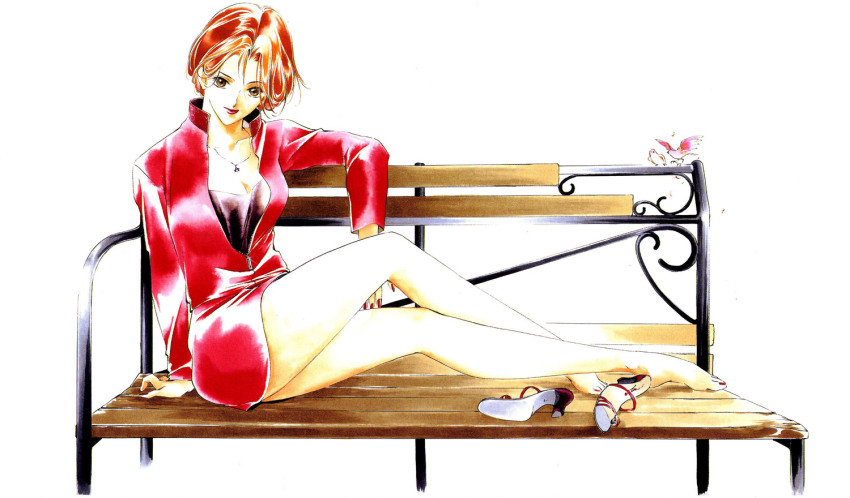 barefoot, bench, brown_eyes, coat, dress, jewelry, kakinouchi_narumi, legs