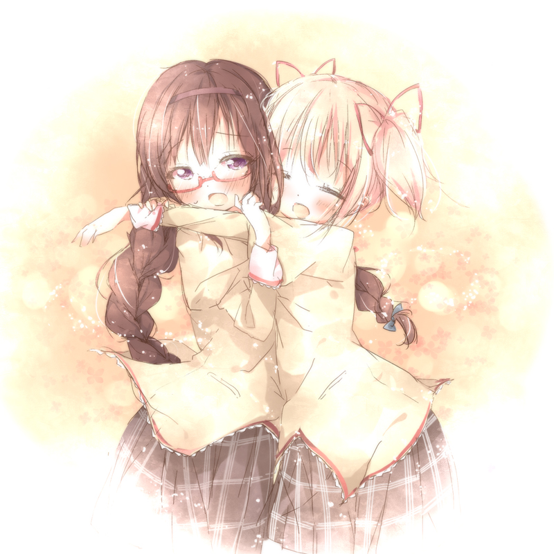 10s, 2girls, akemi_homura, bad_id, bad_pixiv_id, black_hair, braid, cheek-to-cheek