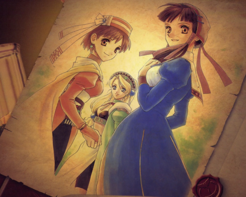 1990s_(style), 3girls, :d, ahoge, atelier_(series), atelier_elie, atelier_lilie, atelier_marie