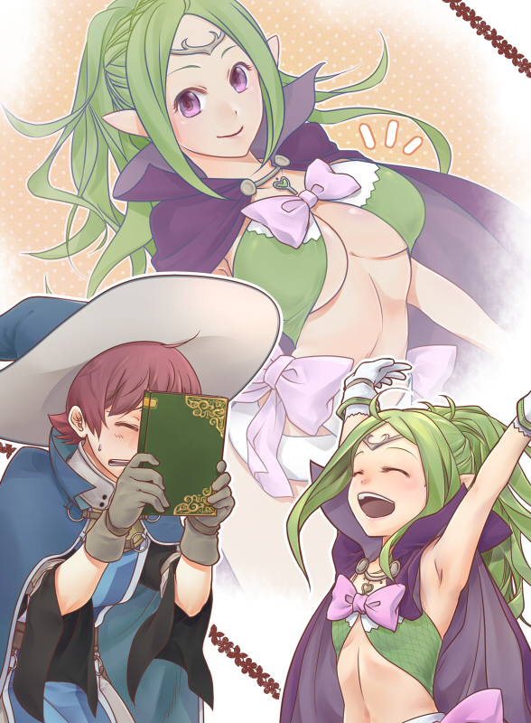 1boy, 1girl, armpits, bow, breasts, cape, circlet, cleavage