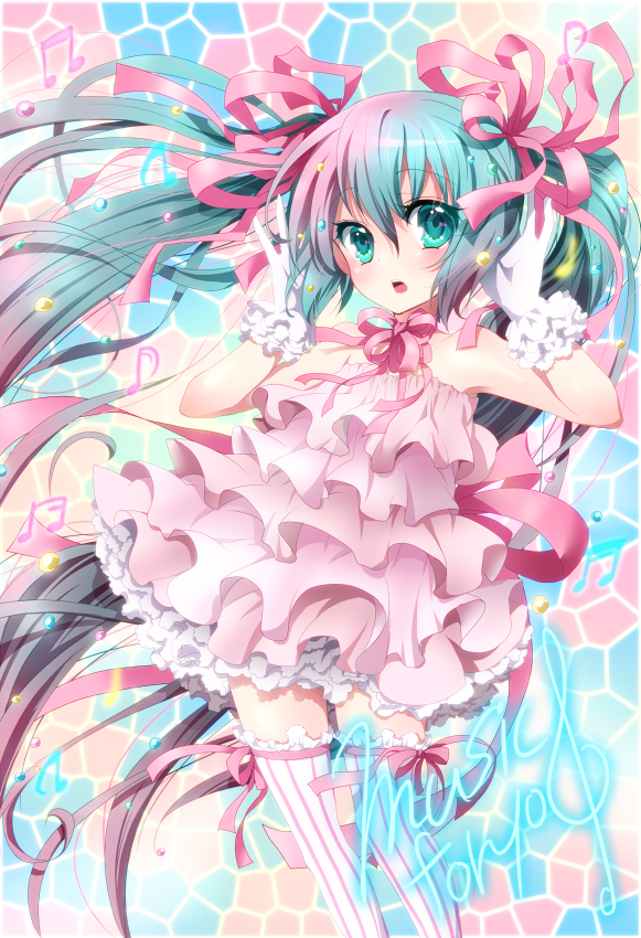 1girl, aqua_eyes, aqua_hair, beamed_quavers, dress, female_focus, gloves, hair_ribbon