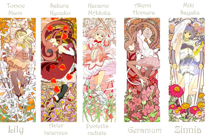 10s, 5girls, akemi_homura, akemi_homura_(magical_girl), apple, art_nouveau, aster_tataricus, blonde_hair, blue_hair, boots, bow, bow_(weapon), brown_hair, cala_lily, cape, character_name, closed_eyes, daisy_(flower), dress, drill_hair, easter_lily, edoya_inuhachi, english_text, flower, food, fortissimo, fringed_orchid, fruit, geranium, gun, hair_bow, hair_ornament, hairband, hairclip, kaname_madoka, kaname_madoka_(magical_girl), lily_(flower), magical_girl, magical_musket_(madoka_magica), mahou_shoujo_madoka_magica, mahou_shoujo_madoka_magica_(anime), miki_sayaka, miki_sayaka_(magical_girl), multiple_girls, musical_note, musical_note_hair_ornament, open_mouth, orchid, pantyhose, pink_hair, red_hair, sakura_kyoko, sakura_kyoko_(magical_girl), shield, sword, thigh_boots, thighhighs, tomoe_mami, tomoe_mami_(magical_girl), twintails, weapon, zinnia