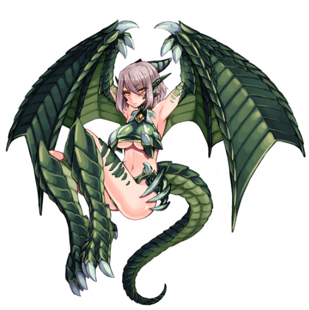 1girl, armpits, blush, breasts, colored_skin, dragon, dragon_horns, dragon_tail, female_focus, green_skin, horns, kenkou_cross, large_breasts, midriff, monster_girl, monster_girl_encyclopedia, monster_girl_encyclopedia_ii, navel, scales, silver_hair, solo, tagme, tail, wings, wyvern, wyvern_(monster_girl_encyclopedia), yellow_eyes