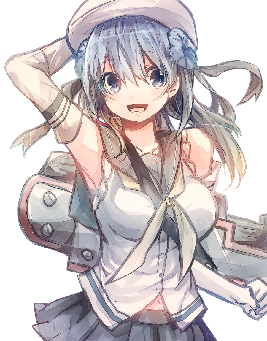 10s, 1girl, bad_id, bad_pixiv_id, blue_eyes, blue_hair, elbow_gloves, female_focus, gloves, hat, hat_ribbon, kantai_collection, matching_hair/eyes, navel, open_mouth, ribbon, school_uniform, serafuku, short_hair, simple_background, skirt, sleeves_rolled_up, smile, solo, sugino_(patrassyar), urakaze_(kancolle), white_background, white_gloves, white_hat