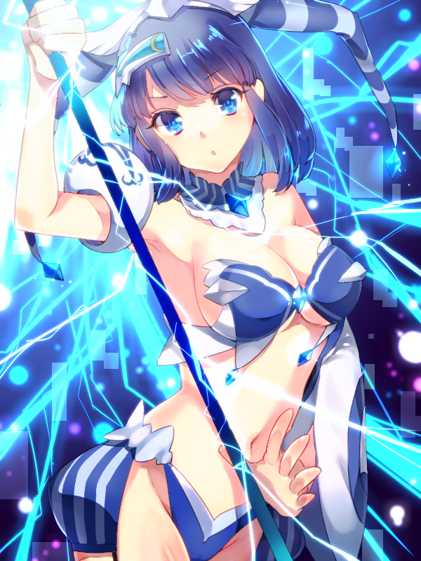 1girl, ao_no_rupika, beatmania_iidx, beatmania_iidx_20_tricoro, bemani, blue_eyes, blue_hair, breasts, female_focus, hair_ornament, kirushi_(killcy), looking_at_viewer, matching_hair/eyes, midriff, navel, open_mouth, solo