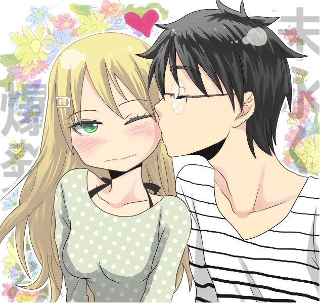10s, 1boy, 1girl, bad_id, bad_pixiv_id, black_hair, blonde_hair, blush, closed_eyes, couple, danna_ga_nani_wo_itte_iru_ka_wakaranai_ken, green_eyes, hair_ornament, hairclip, heart, hetero, husband_and_wife, kiss, kissing_cheek, long_hair, one_eye_closed, otowe, short_hair, tsunashi_hajime, tsunashi_kaoru, wince