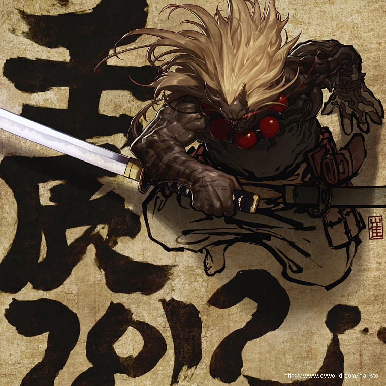 00s, 4th_apostle_conqueror_kasijas, blonde_hair, dungeon_and_fighter, horns, katana, long_hair, monster, no_humans, oni, sheath, sword, weapon