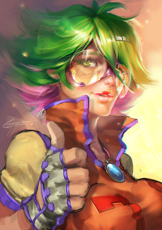 1girl, breasts, female_focus, fingerless_gloves, gloves, goggles, green_eyes, green_hair