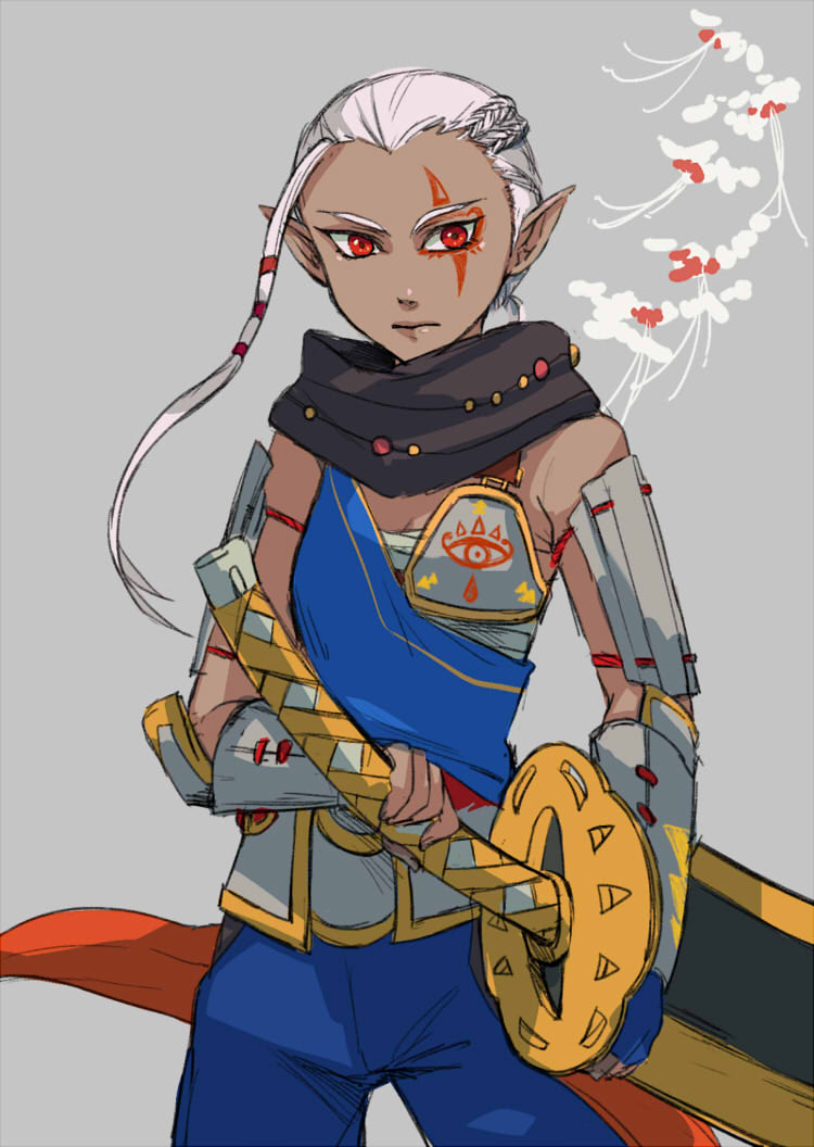 1girl, ahoge, armor, bad_id, bad_pixiv_id, bracer, braid, dark-skinned_female, dark_skin, facial_tattoo, female_focus, hand_on_hilt, huge_ahoge, huge_weapon, hyrule_warriors, impa, nintendo, pointy_ears, red_eyes, sarashi, shaingtao, side_braid, solo, tattoo, the_legend_of_zelda, weapon