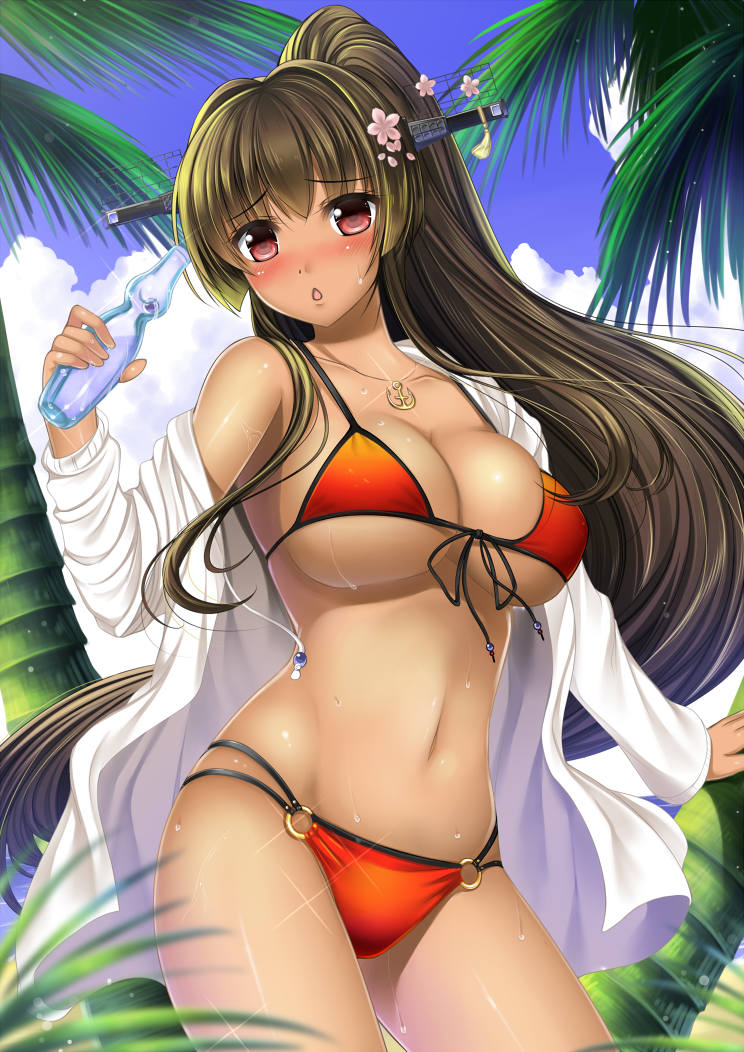 10s, 1girl, anchor, bad_id, bad_pixiv_id, beach, bikini, blush, breasts, brown_eyes, brown_hair, chestnut_mouth, cleavage, cloud, collarbone, cowboy_shot, day, female_focus, flower, front-tie_top, full-face_blush, hair_flower, hair_ornament, headgear, holding, jacket, jewelry, kantai_collection, large_breasts, leaf, long_hair, long_sleeves, looking_at_viewer, navel, o-ring, o-ring_bottom, off_shoulder, open_clothes, open_mouth, outdoors, palm_tree, pendant, ponytail, ramune, red_bikini, revision, shibata_rai, shiny_skin, sky, solo, sweat, swimsuit, tan, tree, underboob, yamato_(kancolle)