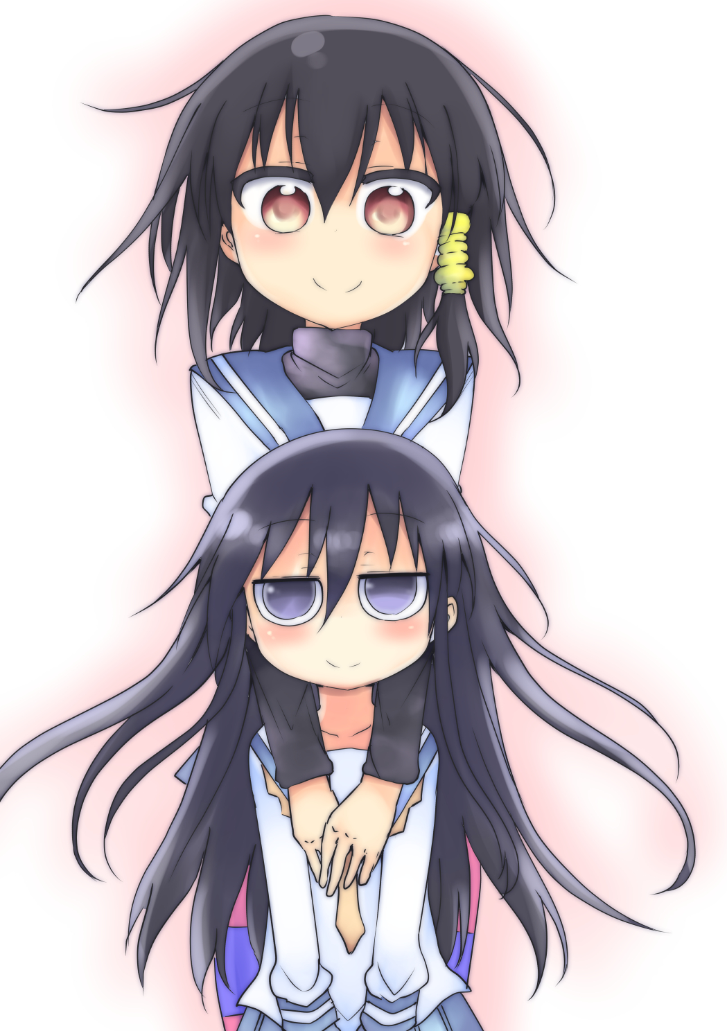 10s, 2girls, black_hair, brown_eyes, cool-kyou_shinja, hair_tubes, height_difference, highres
