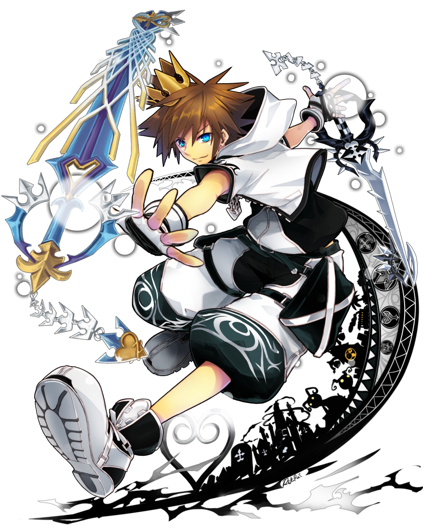 1boy, absurdres, alternate_form, asymmetrical_dual_wielding, blue_eyes, brown_hair, crown, dual_wielding, fingerless_gloves, gloves, highres, holding, hood, hoodie, jewelry, keyblade, kingdom_hearts, male_focus, multiple_weapons, necklace, retpa, solo, sora_(kingdom_hearts), spiked_hair, weapon