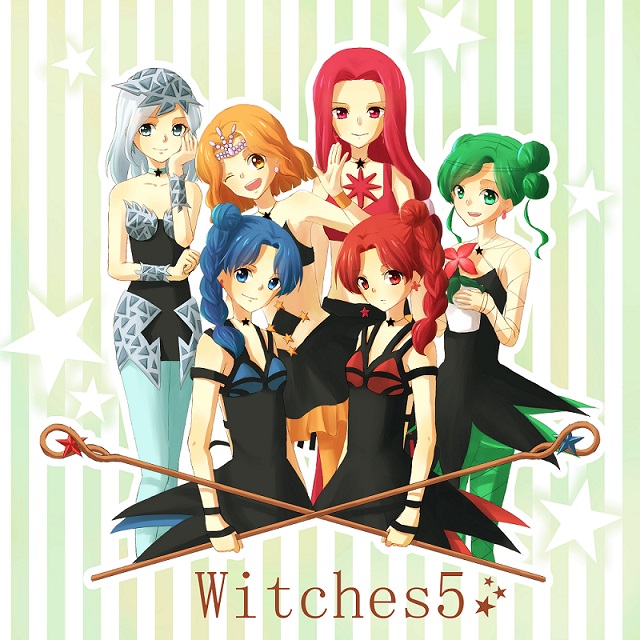 6+girls, bishoujo_senshi_sailor_moon, bishoujo_senshi_sailor_moon_s, blue_eyes, blue_hair, bracelet, brown_eyes, brown_hair, choker, cyprine_(sailor_moon), double_bun, dress, earrings, eudial_(sailor_moon), green_eyes, green_hair, grey_eyes, hair_bun, hand_on_own_chin, jewelry, kisaragi_yui, long_hair, mimete_(sailor_moon), multiple_girls, one_eye_closed, pantyhose, ptilol_(sailor_moon), red_eyes, red_hair, short_hair, silver_hair, smile, staff, star_(symbol), tellu_(sailor_moon), tiara, viluy_(sailor_moon), waving, wink, witches_5