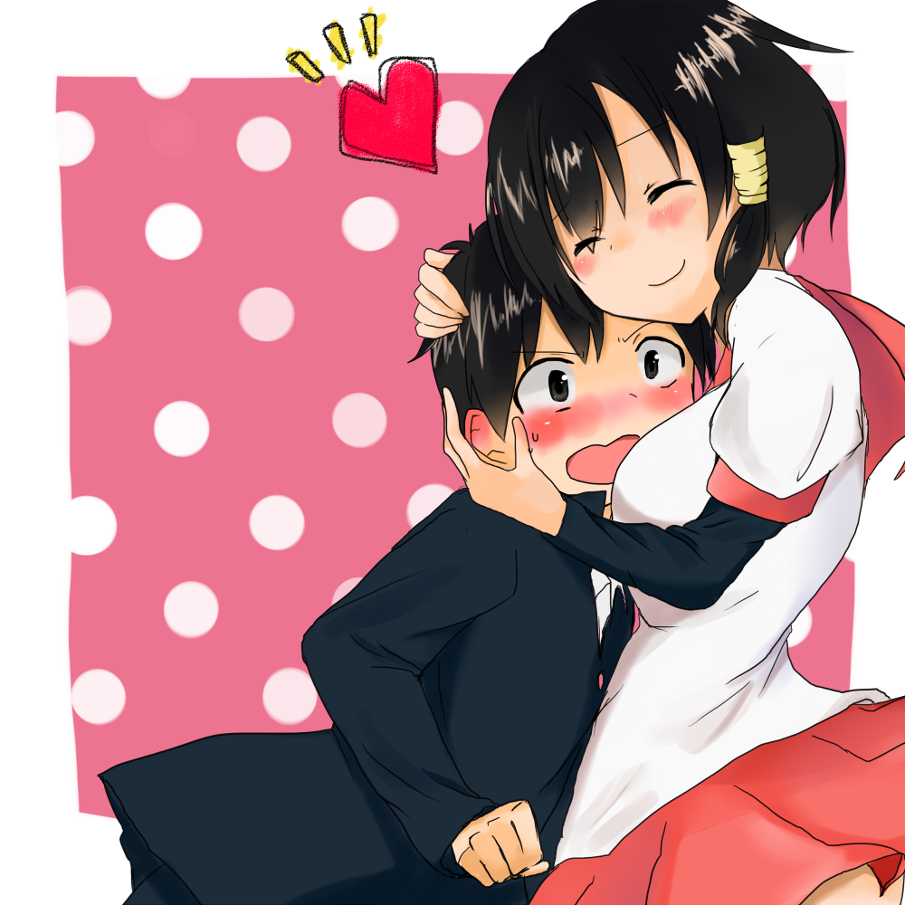 10s, 1boy, 1girl, bad_id, bad_pixiv_id, black_eyes, black_hair, blush