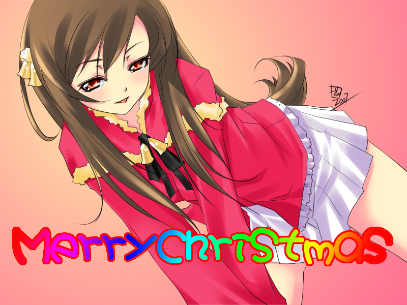 brown_hair, christmas, derivative_work, dhuran, red_eyes, skirt, solo, tagme