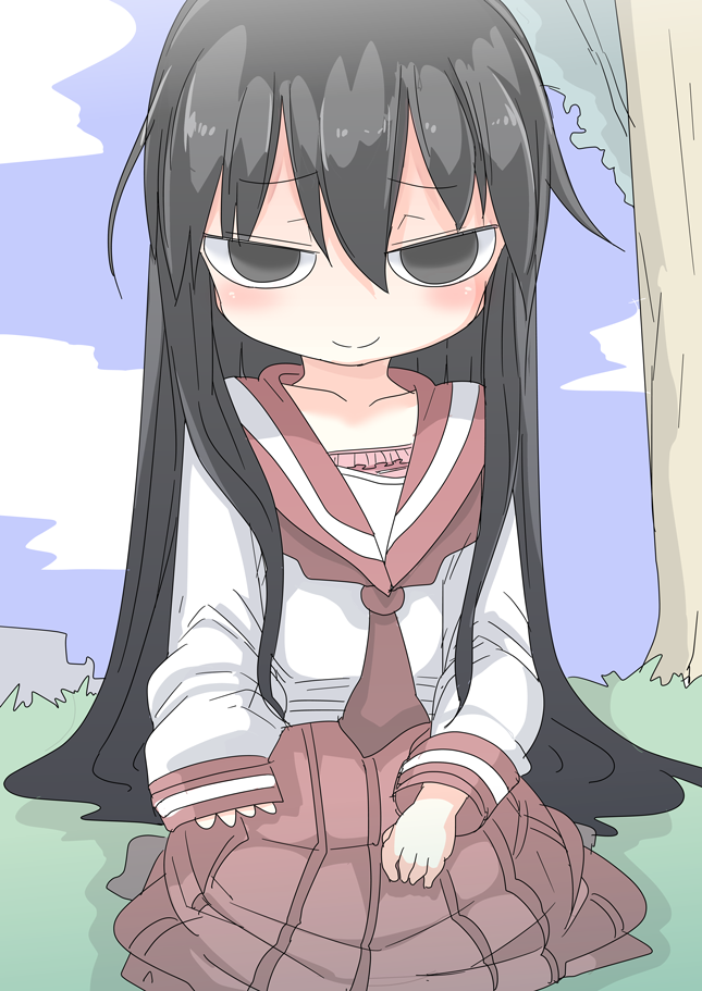 10s, 1girl, black_eyes, black_hair, blouse, cool-kyou_shinja, day, female_focus, hair_between_eyes, komori-san_wa_kotowarenai!, long_hair, looking_at_viewer, negishi_masako, outdoors, school_uniform, serafuku, shirt, solo, split_mouth, very_long_hair, white_shirt