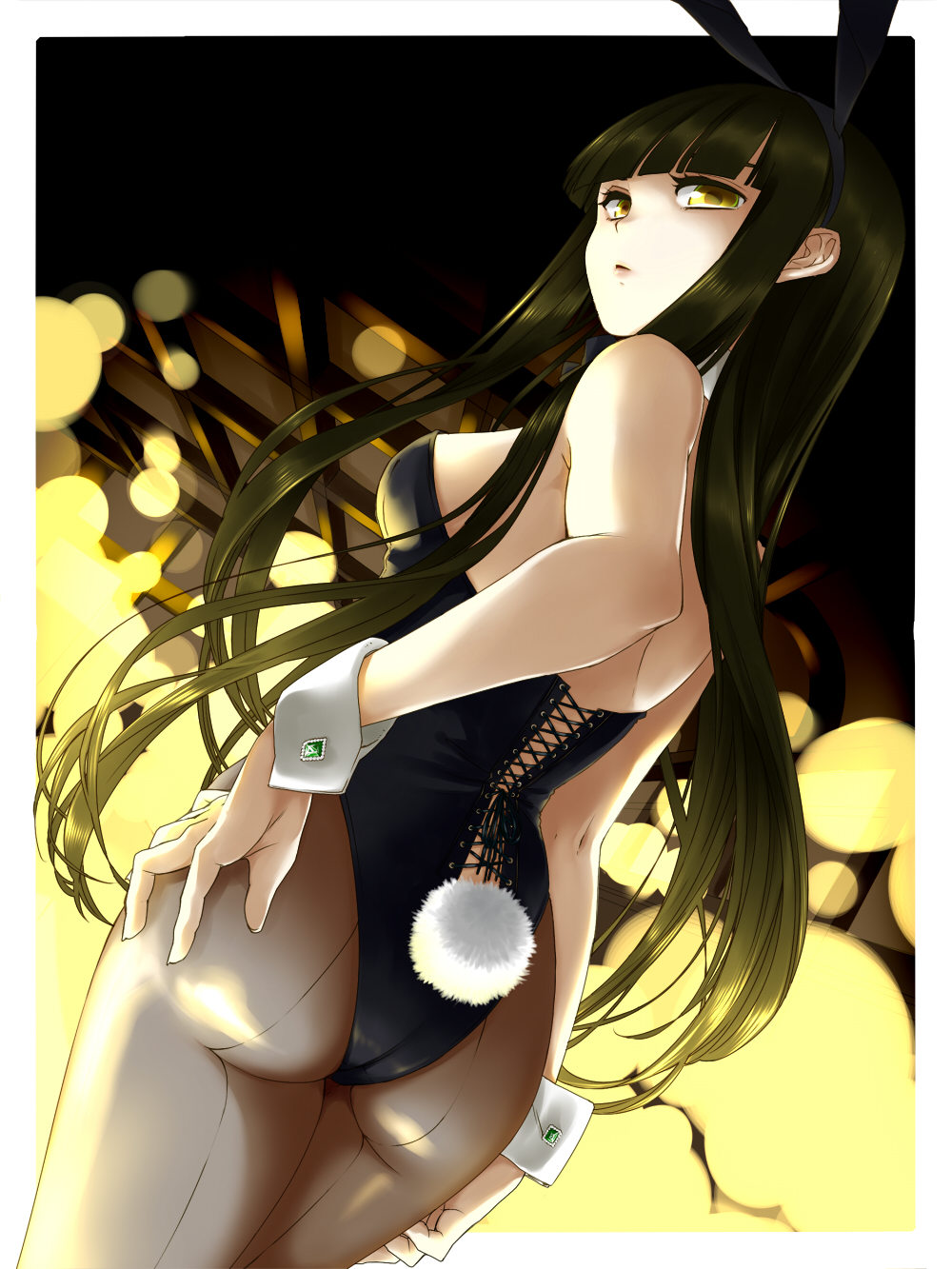 1girl, animal_ears, artistic_error, ass, back-seamed_legwear, bad_id, bad_pixiv_id, bare_shoulders, black_hair, black_pantyhose, blunt_bangs, chito04, detached_collar, fake_animal_ears, female_focus, from_behind, hairband, hand_on_own_hip, highres, long_hair, looking_back, original, pantyhose, playboy_bunny, rabbit_ears, rabbit_tail, seamed_legwear, sidelocks, solo, strapless, tail, wrist_cuffs, yellow_eyes