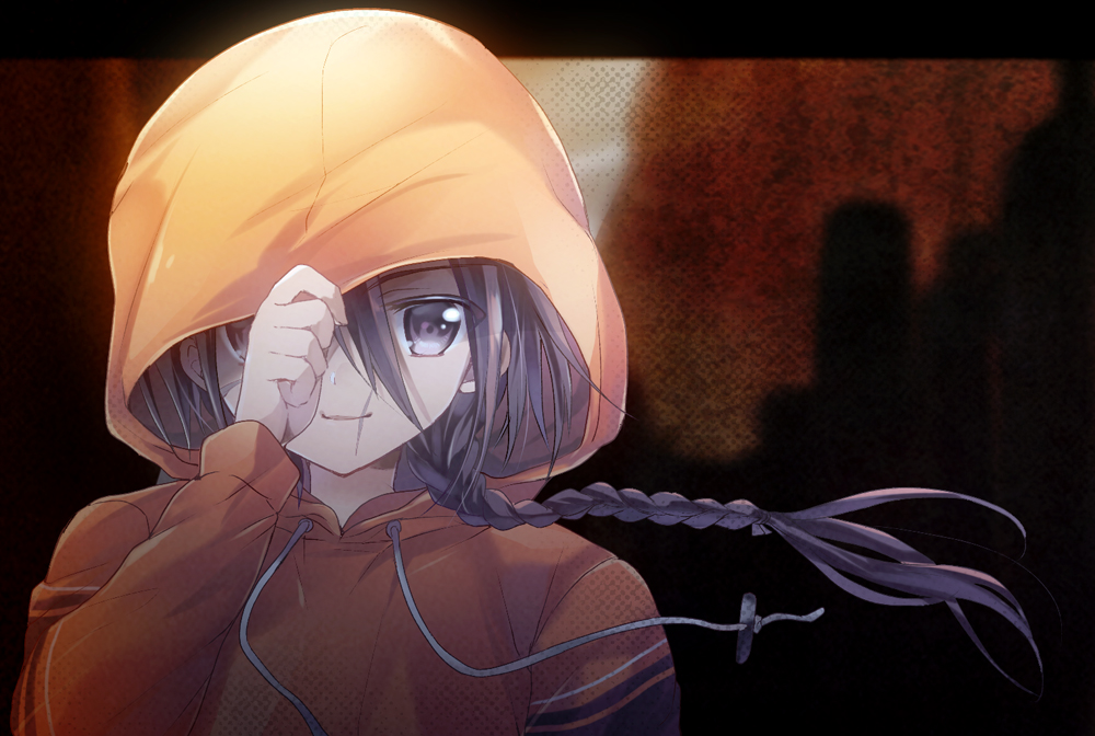 1boy, black_hair, braid, brown_eyes, hood, hoodie, khamsin_nbh'w, long_hair
