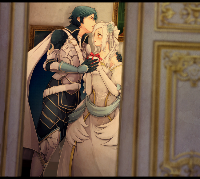 1boy, 1girl, armor, blue_hair, blush, bride, cape, chrom_(fire_emblem), closed_eyes, couple, dress, female_robin_(fire_emblem), fire_emblem, fire_emblem_awakening, fukune, gift, hair_ornament, hetero, husband_and_wife, kiss, married, nintendo, twintails, wedding_dress, white_hair