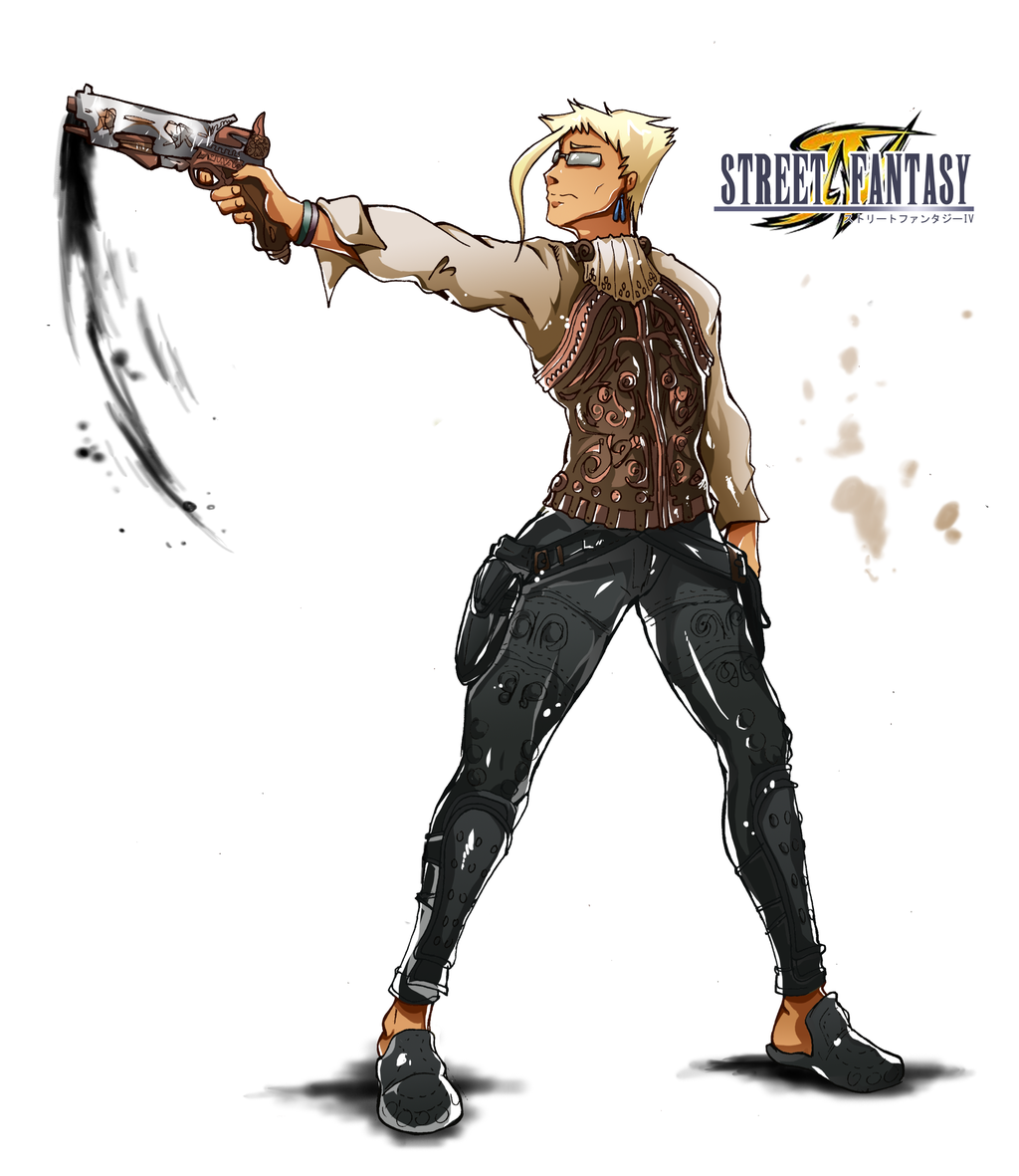 00s, 1990s_(style), 1boy, 1girl, balflear, balflear_(cosplay), capcom, charlie_nash, cosplay, earrings, enix, final_fantasy, final_fantasy_xii, fringe_trim, gun, handgun, jewelry, male_focus, pants, pistol, retro_artstyle, shirt, slippers, square_enix, street_fighter, street_fighter_zero_(series), street_fighter_zero_i, sunglasses, tirnanogin_industries, vest, weapon