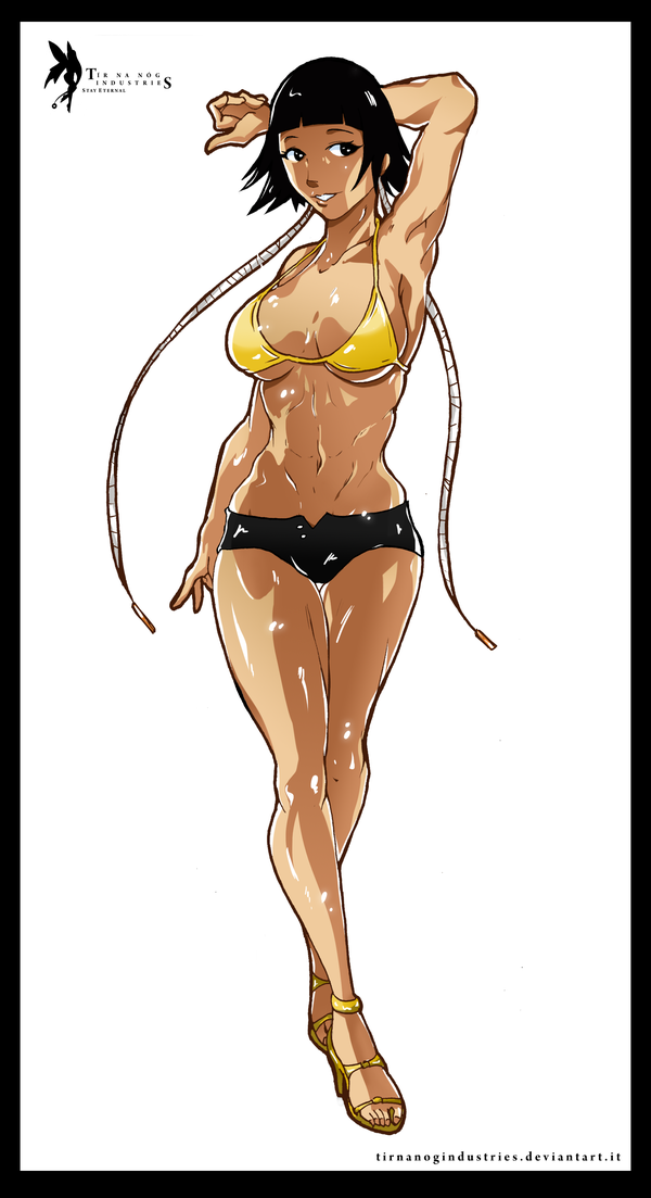 1girl, abs, arm_up, armpits, barefoot, black_hair, bleach, blunt_bangs