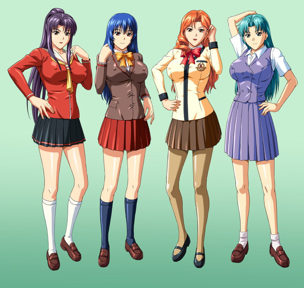 4girls, akiyama_yuuko, blue_eyes, blue_hair, breasts, brown_eyes, covered_erect_nipples, female_focus, full_body, honjou_arisa, ishida_nagisa, itou_saki, long_hair, looking_at_viewer, metagraft, multiple_girls, orange_hair, ponytail, purple_hair, red_eyes, school_uniform, skirt, smile, standing, thighhighs, zenkoku_seifuku_bishoujo_grand_prix