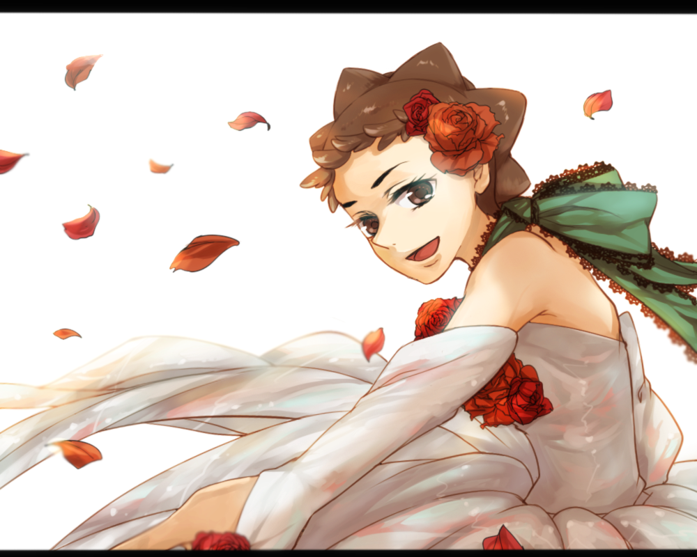 1girl, brown_hair, calamin, diantha_(pokemon), dress, flower, nintendo, pokemon, short_hair