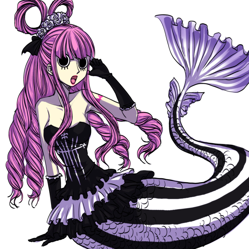 1girl, drill_hair, gloves, gothic_lolita, lipstick, lolita_fashion, long_hair, makeup, mermaid, monster_girl, one_piece, open_mouth, perona, pink_hair, pupupu