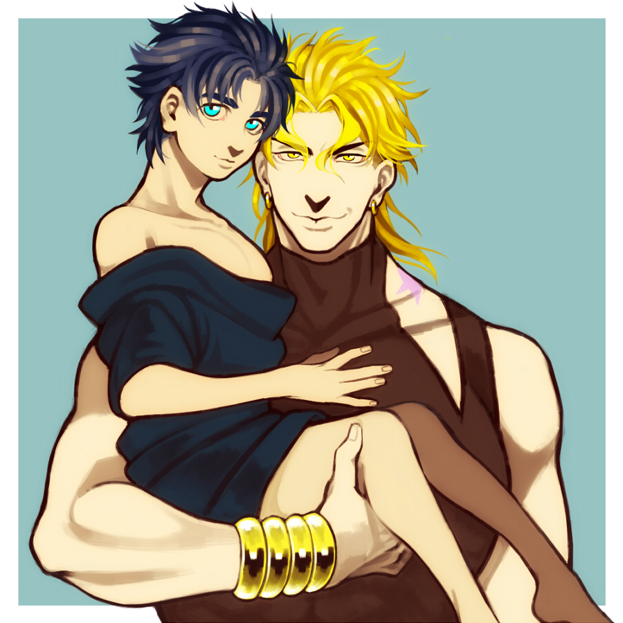 2boys, age_regression, blonde_hair, blue_hair, bracelet, dio_brando, jewelry, jirou_(satsuma0083)