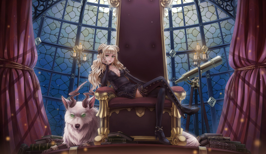1girl, blonde_hair, boots, bow, braid, breasts, bridal_gauntlets, candle