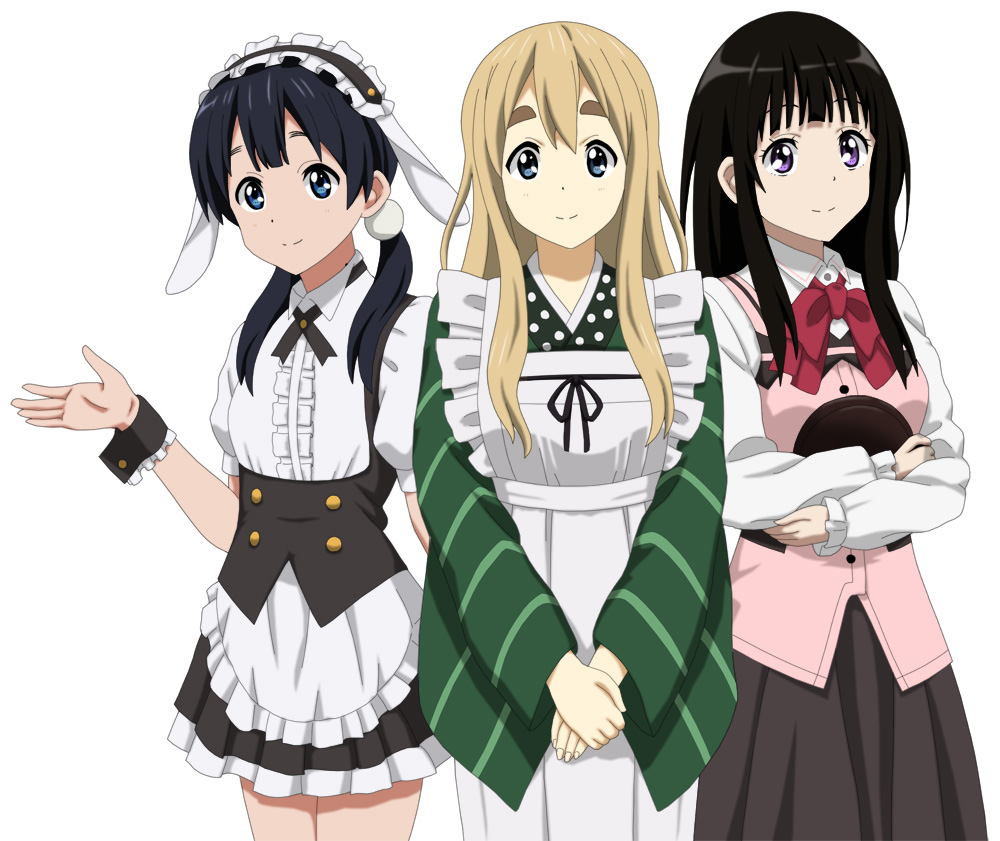 3girls, alternate_costume, ama_usa_an_uniform, apron, black_hair, blonde_hair, blouse, blue_eyes