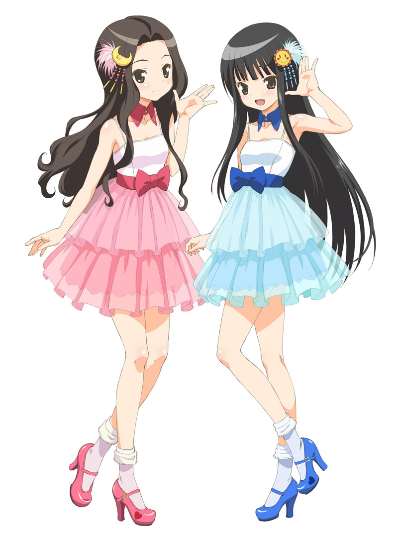 2girls, alice_(claris), armpits, black_hair, blue_dress, bow, brown_eyes, brown_hair