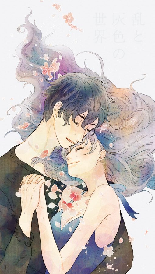 1boy, 1girl, black_hair, blue_hair, copyright_name, couple, enko_(bbbbin), closed_eyes, flower, holding_hands, hetero, hug, long_hair, multicolored_hair, outarou_(haiiro), petals, purple_hair, ran_to_haiiro_no_sekai, short_hair, smile, uruma_ran