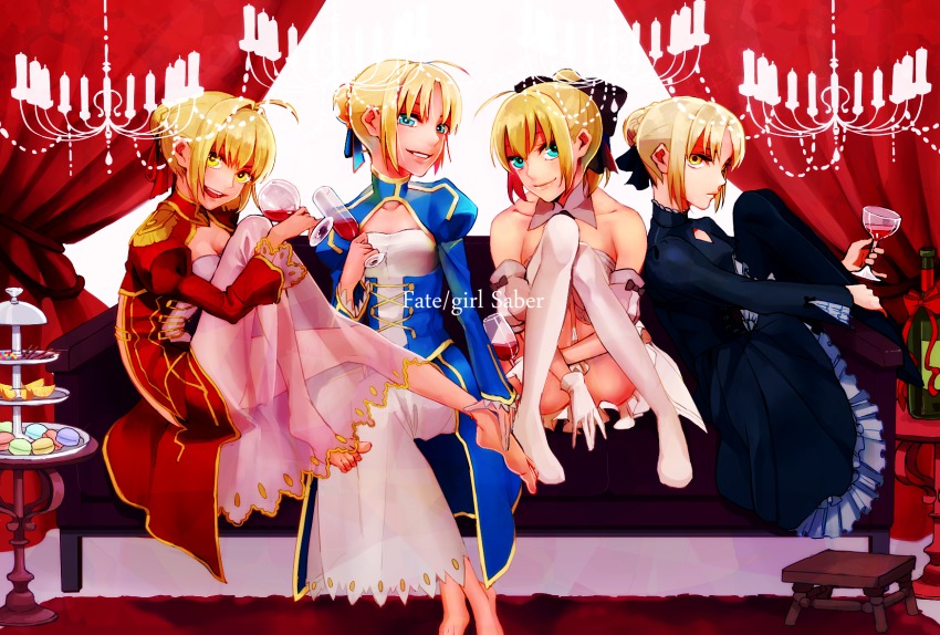 10s, 4girls, ahoge, artoria_pendragon_(fate), barefoot, blonde_hair, blue_eyes, couch, fate/extra, fate/stay_night, fate/unlimited_codes, fate_(series), highres, ichita_kuuto, multiple_girls, multiple_persona, nero_claudius_(fate), nero_claudius_(fate/extra), no_shoes, saber_(fate), saber_alter, saber_alter_(gothic_lolita), saber_lily, yellow_eyes