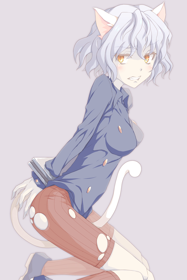 1girl, animal_ears, bdsm, between_legs, blush, bondage, bound, breasts, cat_ears, cat_tail, claws, clenched_teeth, female_focus, hunter_x_hunter, kneeling, long_sleeves, neferpitou, nu_(plastic_eraser), shoes, short_hair, shorts, silver_hair, solo, tail, tail_between_legs, teeth, torn_clothes, yellow_eyes