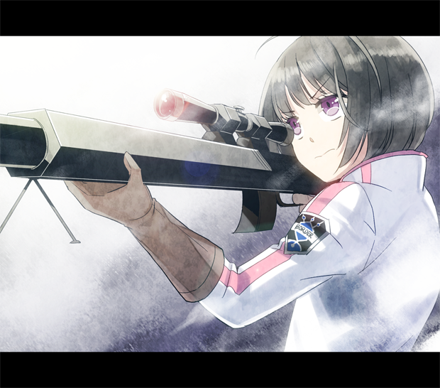 10s, 1girl, aiming, amatori_chika, back, black_hair, bob_cut, eyelashes, female_focus, gloves, gun, letterboxed, purple_eyes, rifle, scope, short_hair, siro46, sniper_rifle, solo, v-shaped_eyebrows, weapon, world_trigger