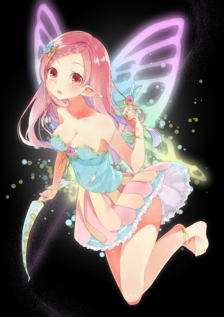 1girl, anklet, arrow_(projectile), bare_shoulders, barefoot, bow_(weapon), breasts, butterfly_wings