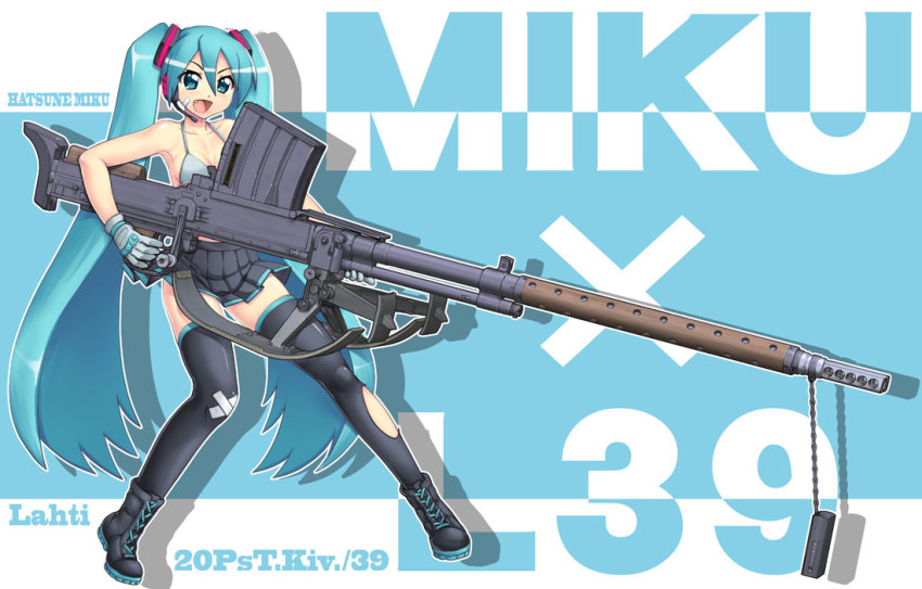 1girl, 39, anti-materiel_rifle, aqua_eyes, aqua_hair, bandaid, bikini, bikini_top_only