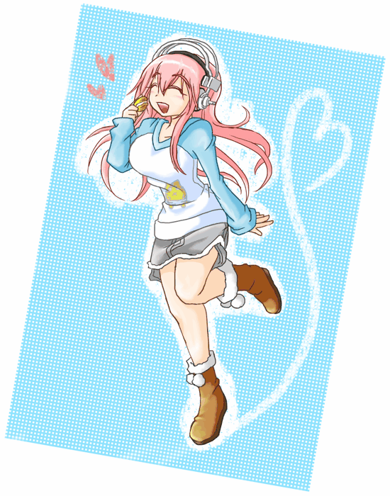 1girl, breasts, closed_eyes, female_focus, food, hakori, happy, headphones, heart, large_breasts, long_hair, macaron, nitroplus, open_mouth, pink_hair, solo, super_sonico