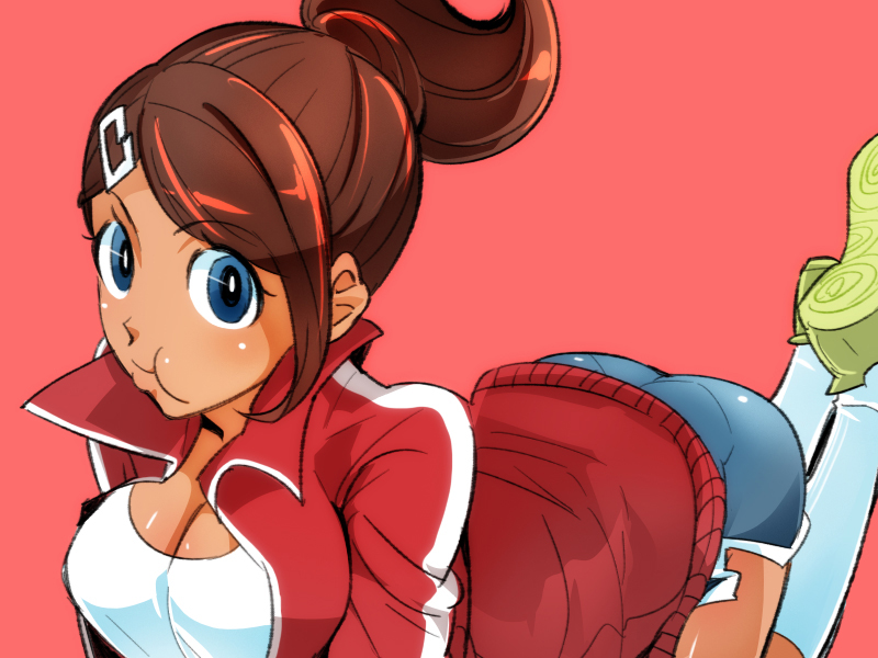 10s, 1girl, :t, asahina_aoi, blue_eyes, breasts, brown_hair, cleavage, danganronpa:_trigger_happy_havoc, danganronpa_(series), dark_skin, hair_ornament, hairclip, jacket, kneehighs, large_breasts, ponytail, sasagawa_kureo, shorts, socks, track_jacket, white_socks