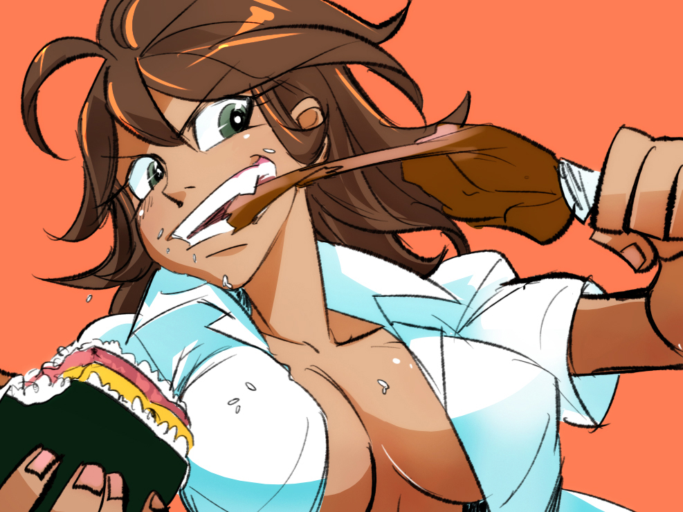 10s, 1girl, breasts, brown_hair, cleavage, danganronpa_(series), danganronpa_2:_goodbye_despair, dark-skinned_female, dark_skin, eating, female_focus, food, green_eyes, large_breasts, meat, open_clothes, open_shirt, owari_akane, sasagawa_kureo, shirt, solo