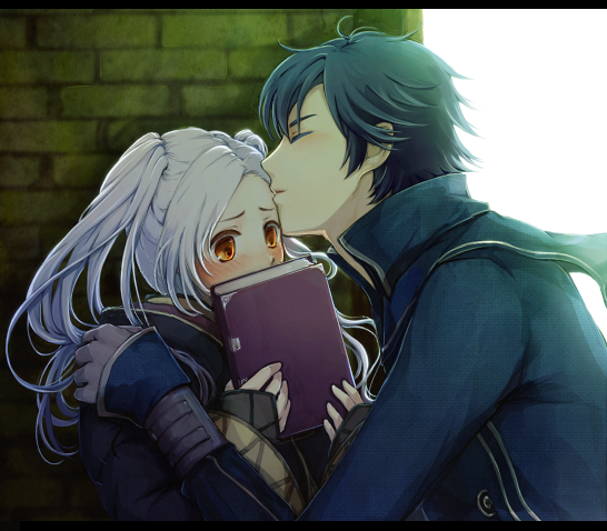 1boy, 1girl, blue_hair, blush, book, chrom_(fire_emblem), closed_eyes, female_robin_(fire_emblem)