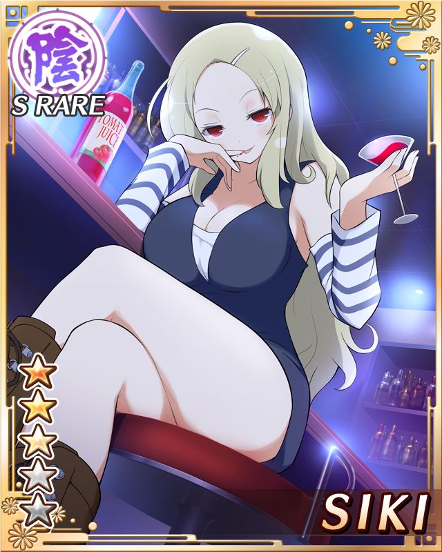 10s, 1girl, black_dress, blonde_hair, card_(medium), character_name, cocktail_glass, crossed_legs, cup, detached_sleeves, dress, drinking_glass, female_focus, finger_to_mouth, hair_ornament, hairclip, juice, kunreishiki, light_smile, long_hair, mole, mole_under_mouth, official_art, red_eyes, romaji_text, senran_kagura, senran_kagura_new_wave, shiki_(senran_kagura), sitting, solo, tomato_juice, tongue, wavy_hair, yaegashi_nan