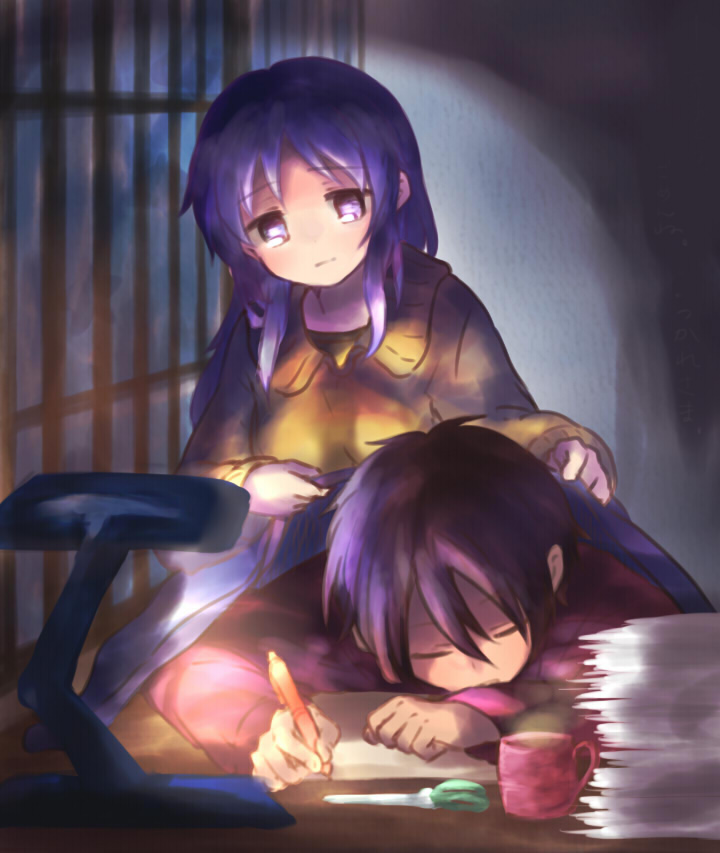 10s, 1boy, 1girl, black_hair, blue_eyes, blue_hair, closed_eyes, hiradaira_chisaki, kihara_tsumugu, lamp, long_hair, nagi_no_asukara, nanaribon, paper, pen, short_hair, sleeping